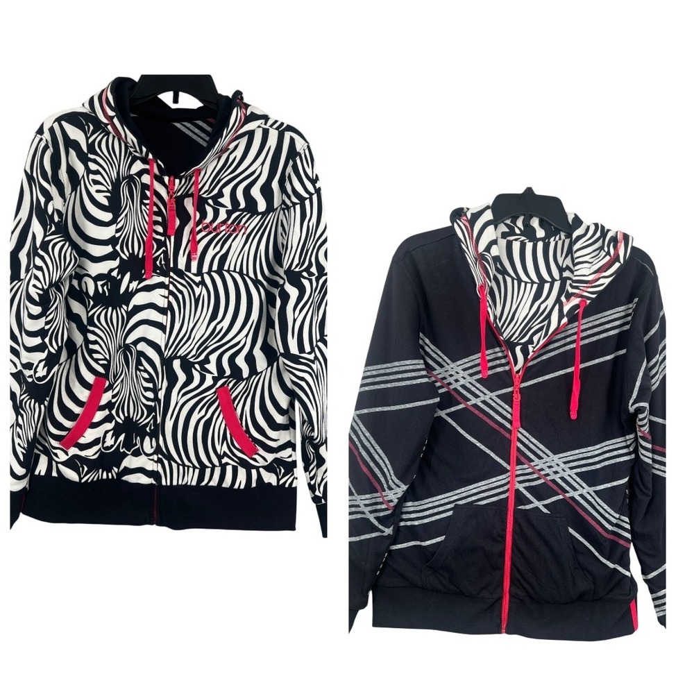 Burton Y2K Reversible Hoodie Size XL Zebra Print Geometric‎ Zip Up Heavyweight